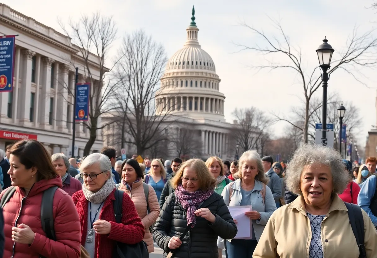 Washington D.C. Capitol building with symbols of healthcare and Medicare.