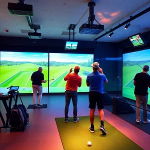 Indoor golf simulator at Pro Swing in Forest Acres with players engaged in the game.