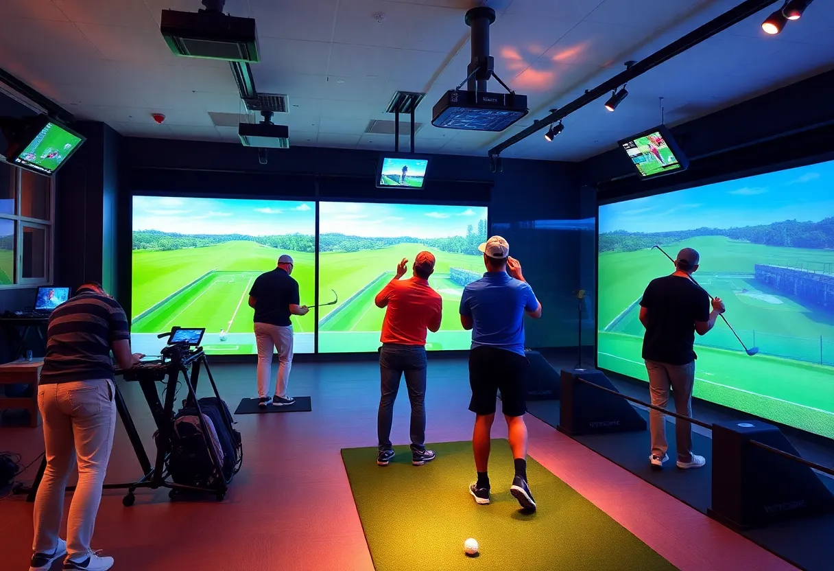 Indoor golf simulator at Pro Swing in Forest Acres with players engaged in the game.