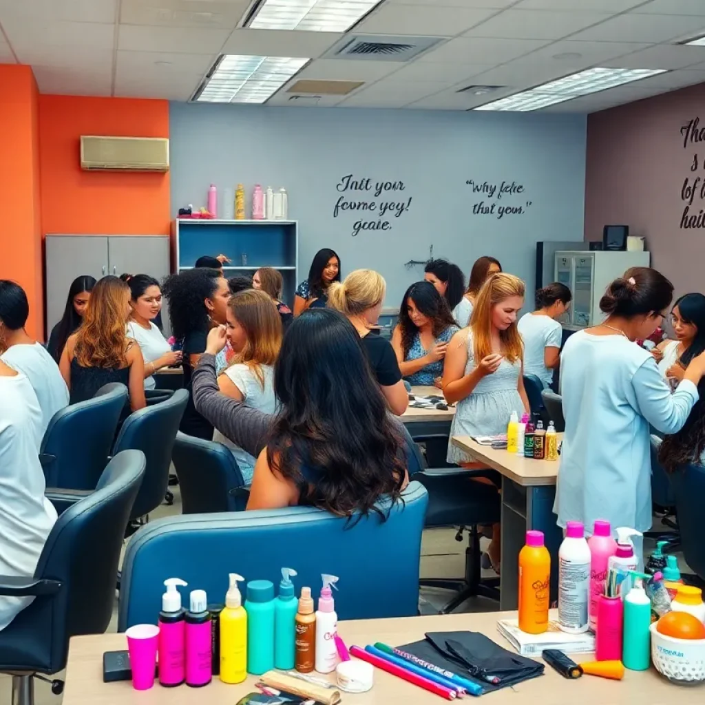 Diverse students learning in a cosmetology school classroom