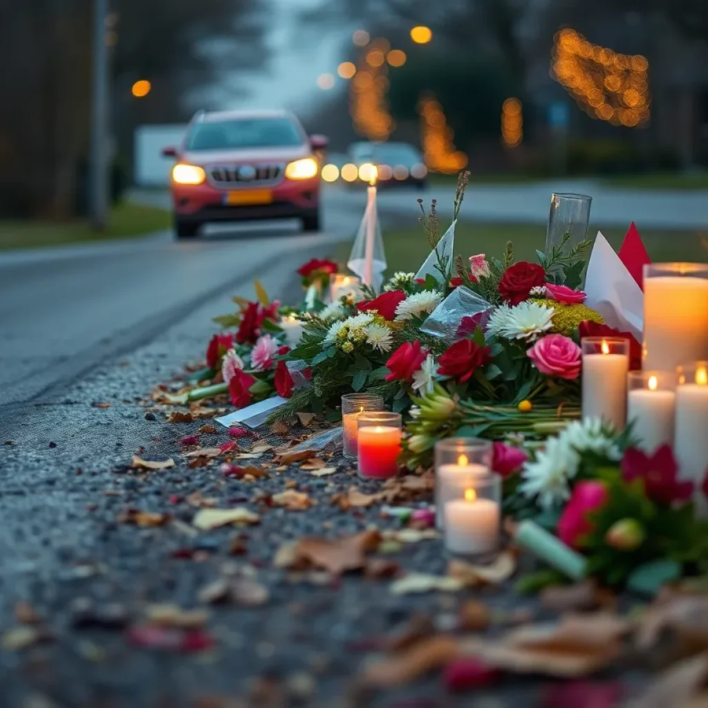 Roadside memorial with flowers and candles for a traffic accident victim.