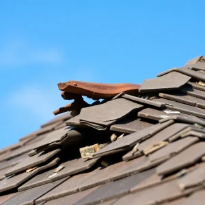 Close-up view of a roof with missing shingles and visible damage.