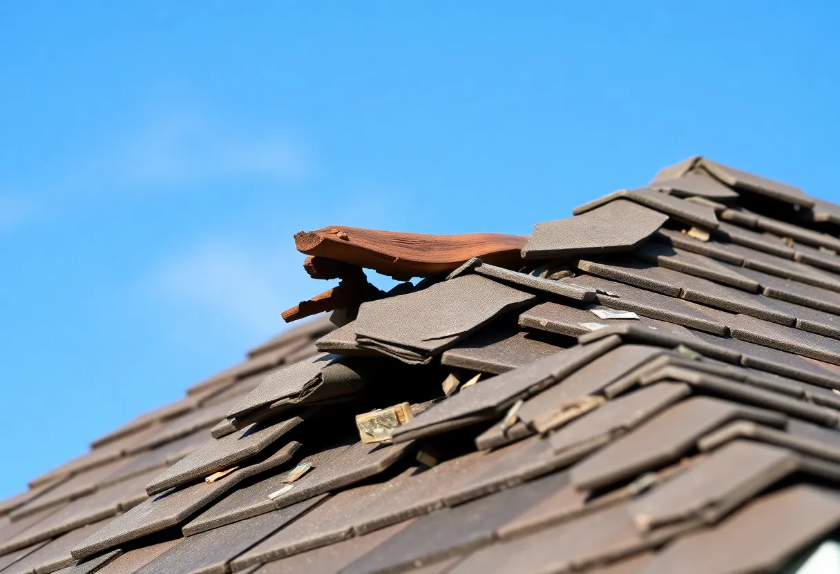 Close-up view of a roof with missing shingles and visible damage.