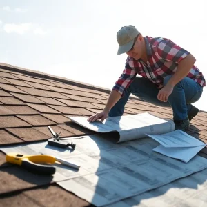 Homeowner working on roof underlayment installation