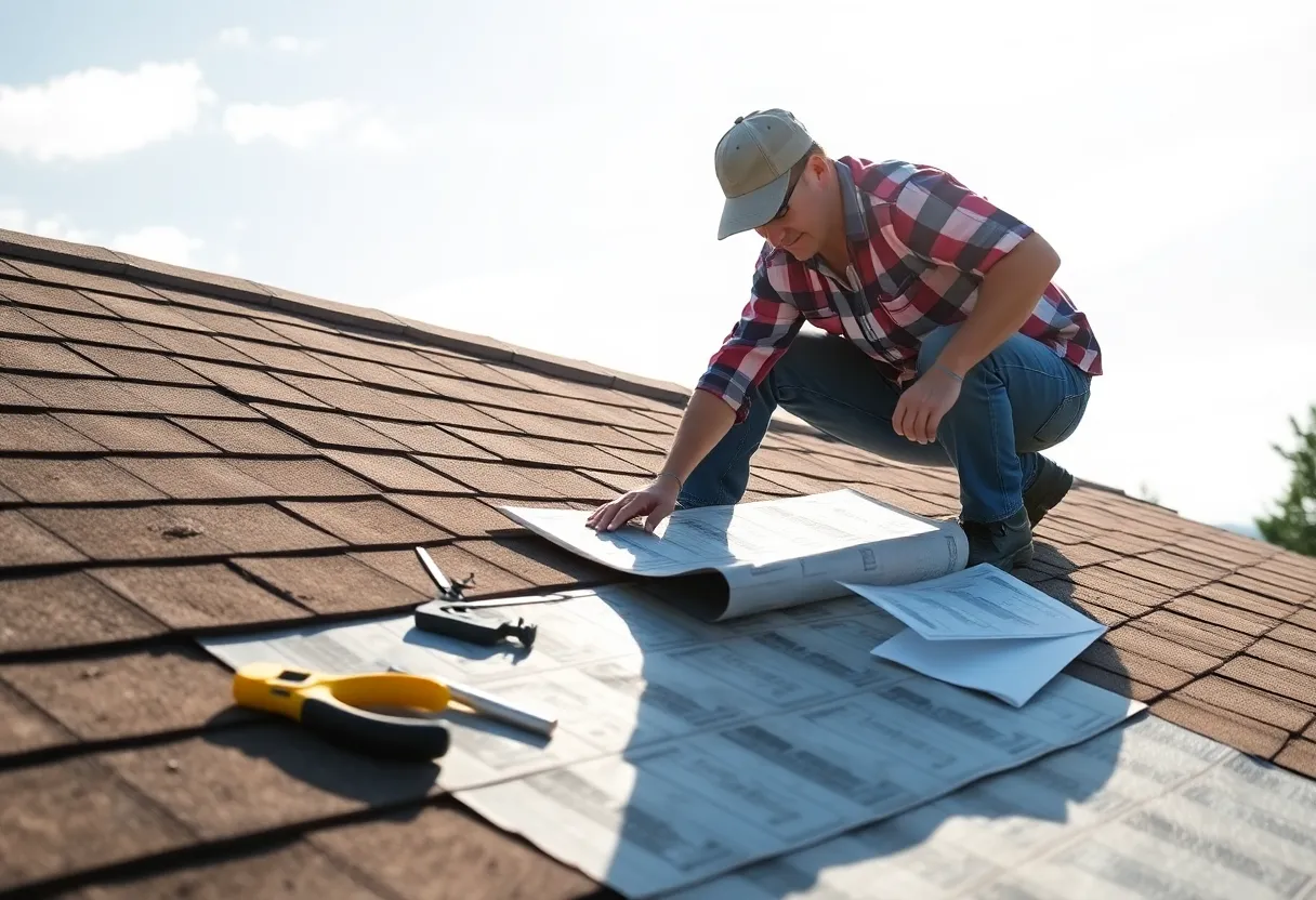 Homeowner working on roof underlayment installation