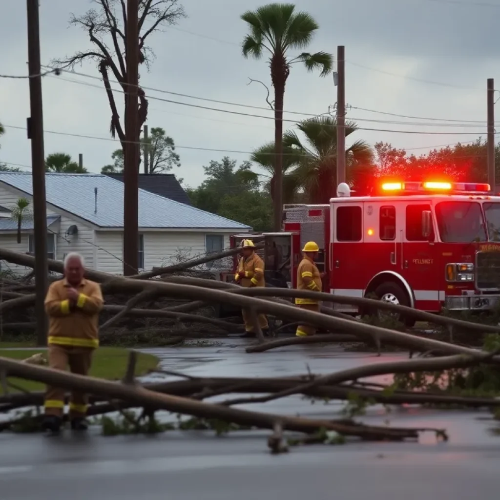 Scene depicting the aftermath of a hurricane with emergency responders and fallen trees