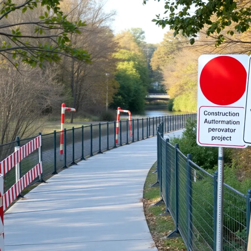 Saluda Riverwalk with construction signs and natural scenery