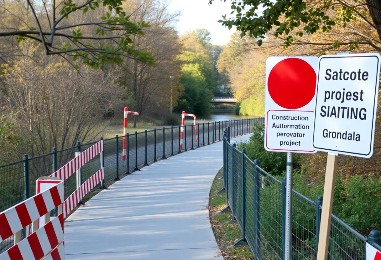 Saluda Riverwalk with construction signs and natural scenery