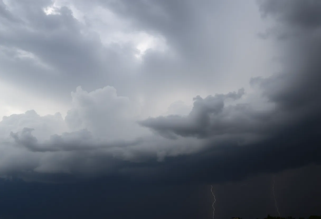 Dark storm clouds over Columbia, South Carolina indicating severe weather.