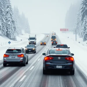 Vehicles driving through a snowy mountain pass in Washington