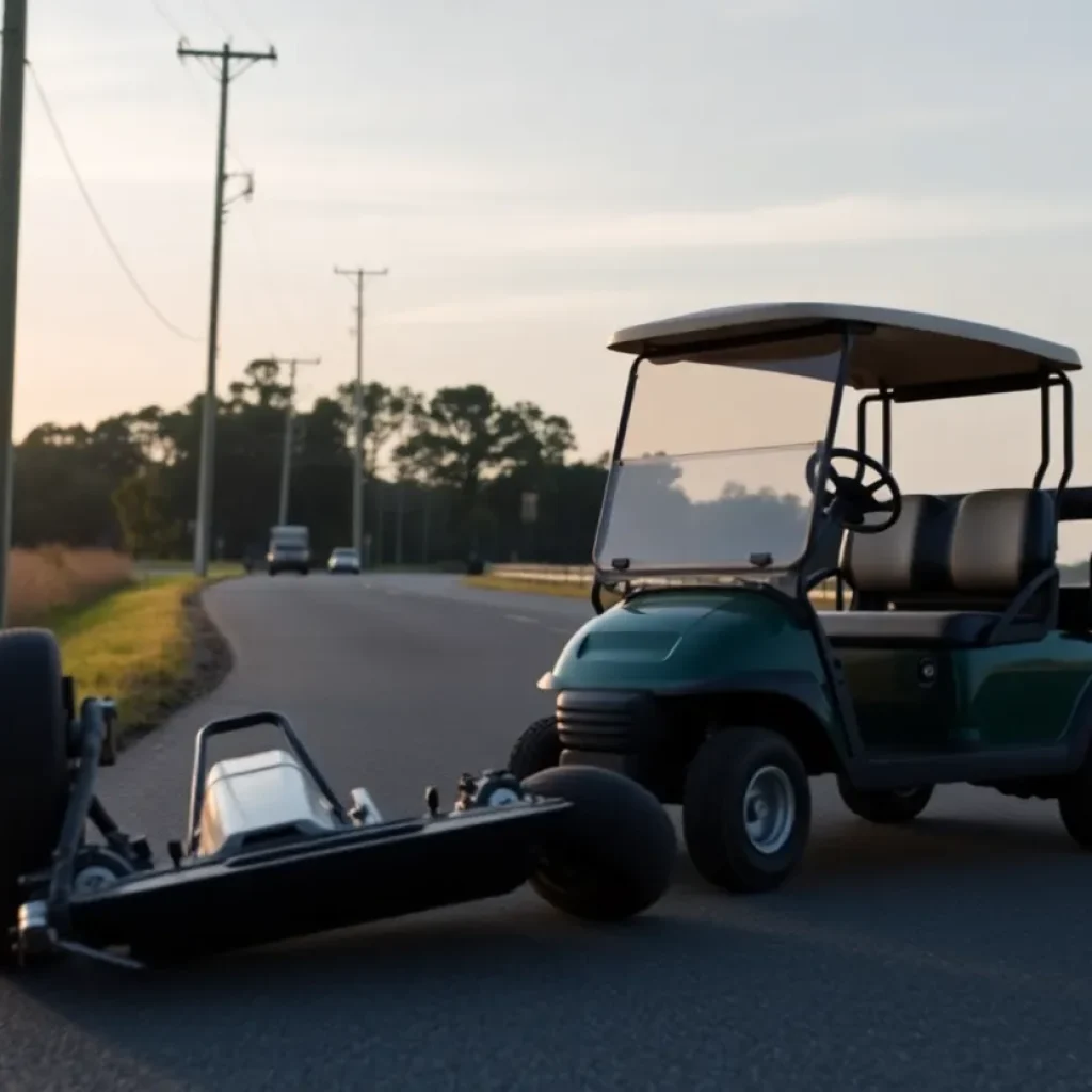 Flipped golf cart on a South Carolina road