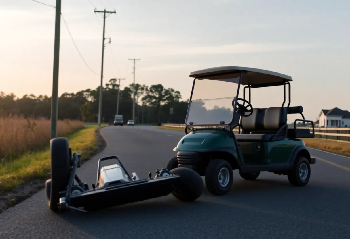 Flipped golf cart on a South Carolina road