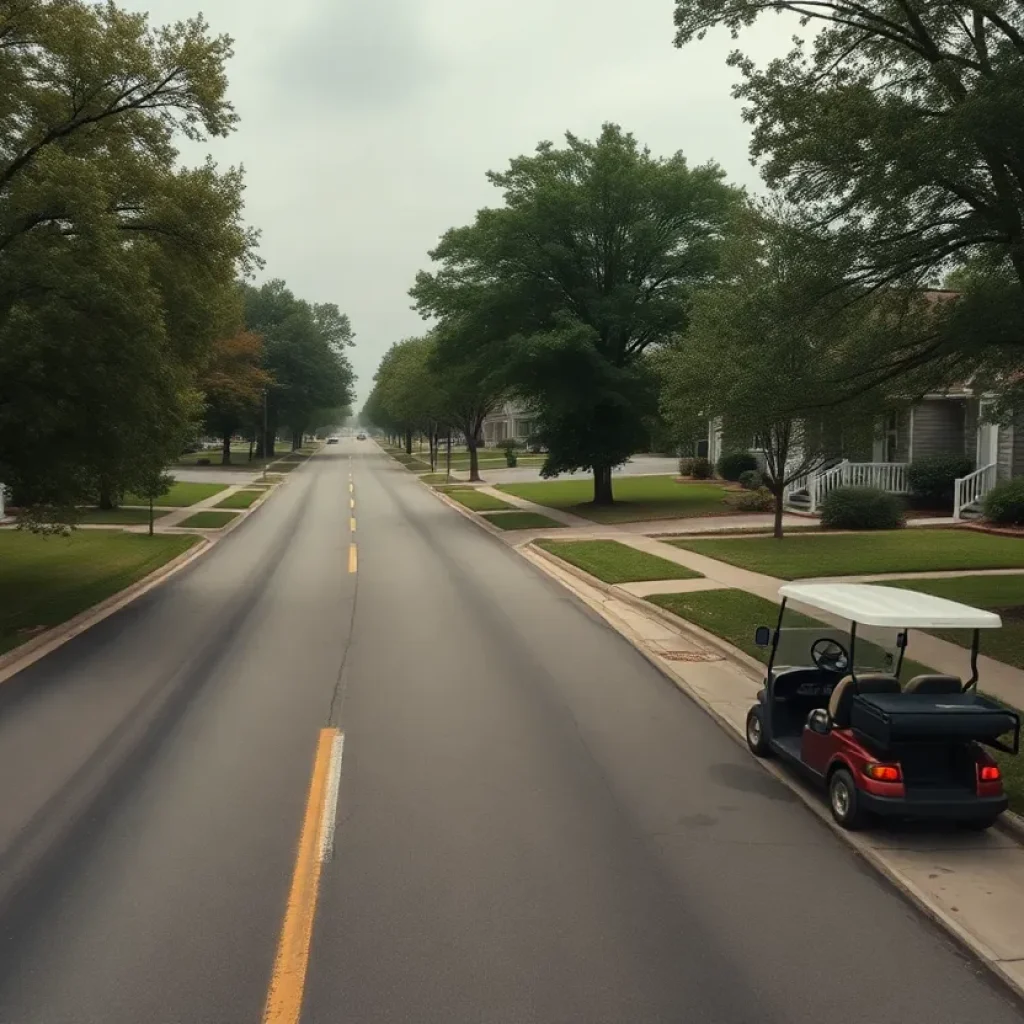 A road in a suburban area with a golf cart parked near the side, surrounded by trees.