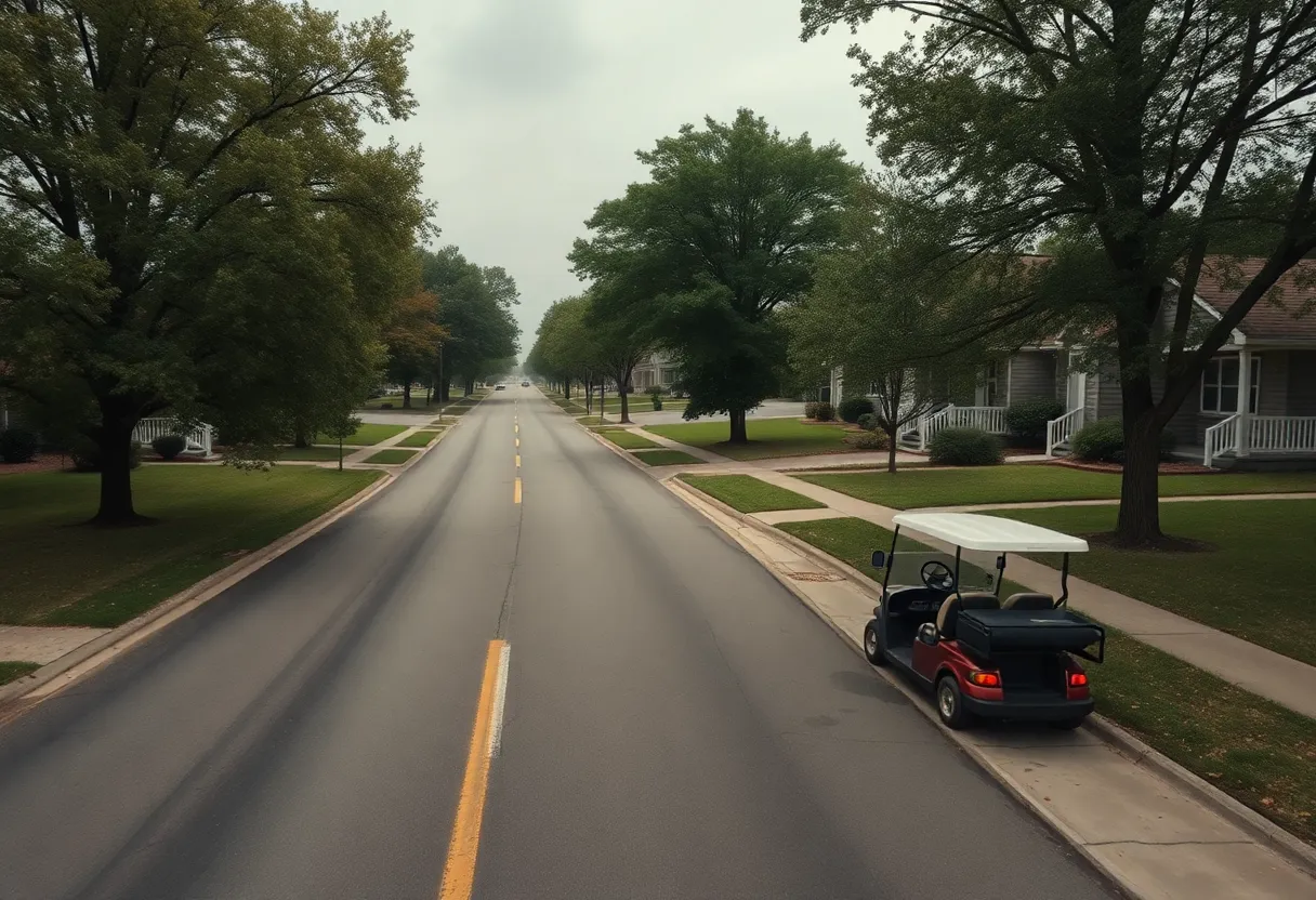 A road in a suburban area with a golf cart parked near the side, surrounded by trees.