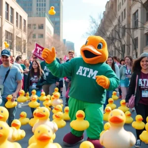 Students celebrating TAMIU's awards with rubber ducks and vibrant mascot.