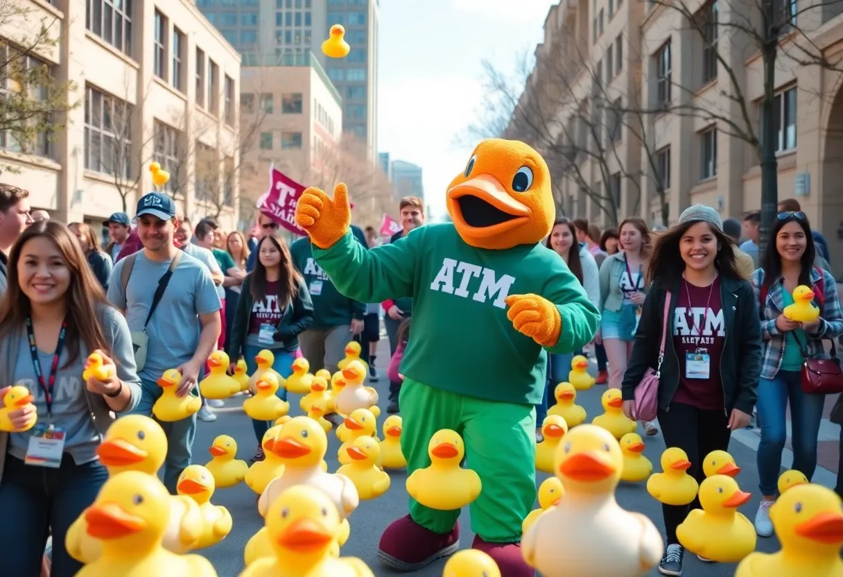 Students celebrating TAMIU's awards with rubber ducks and vibrant mascot.