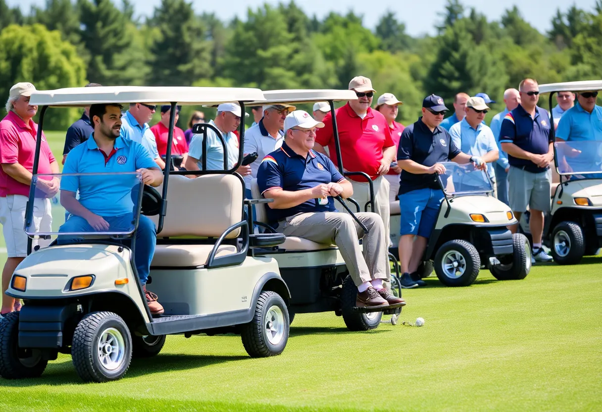 Veterans participating in a free adaptive golf program on a sunny day.