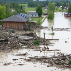 Devastated landscape submerged in floodwaters and debris.