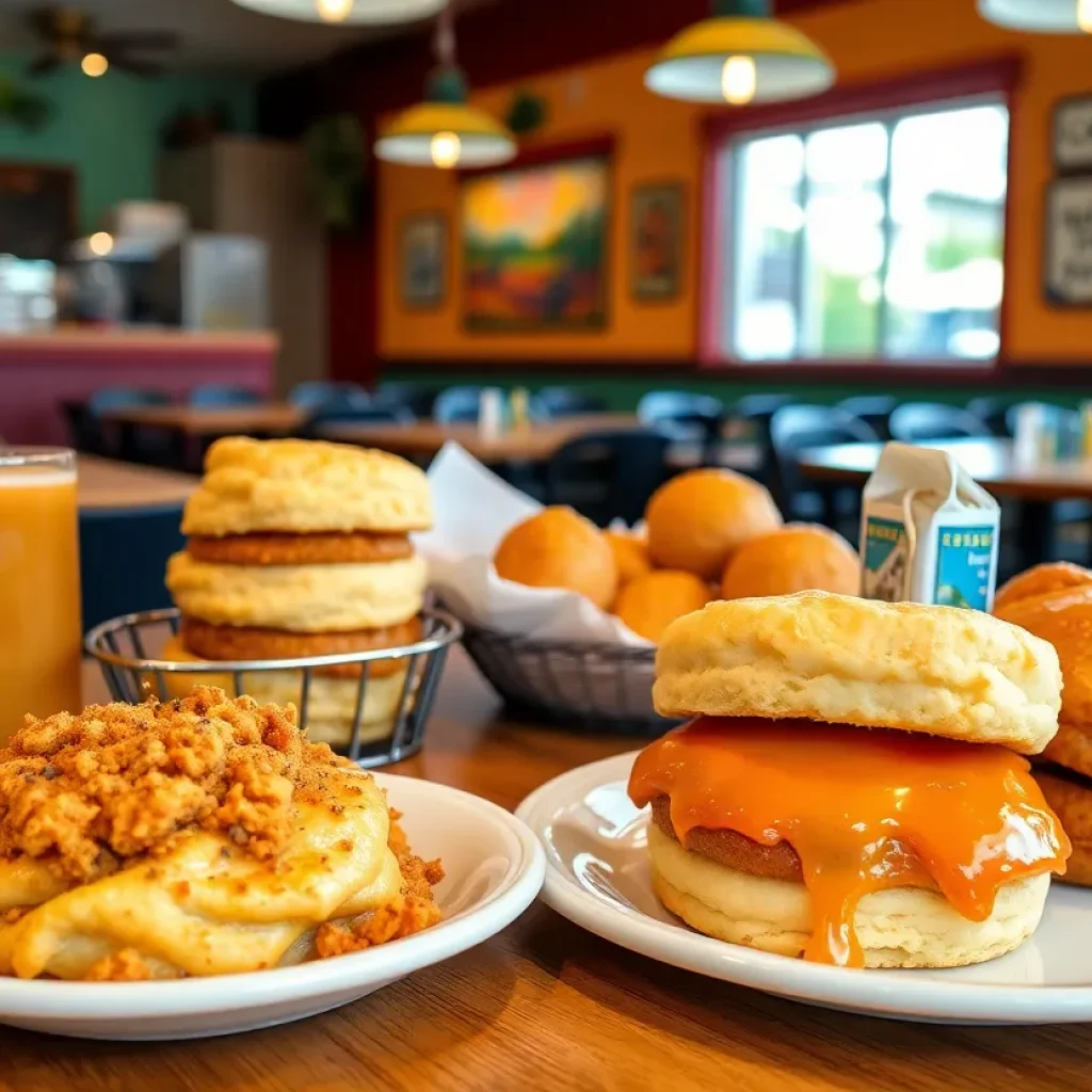 Delicious breakfast options from Biscuitville including biscuits, hash browns, and honey buns.