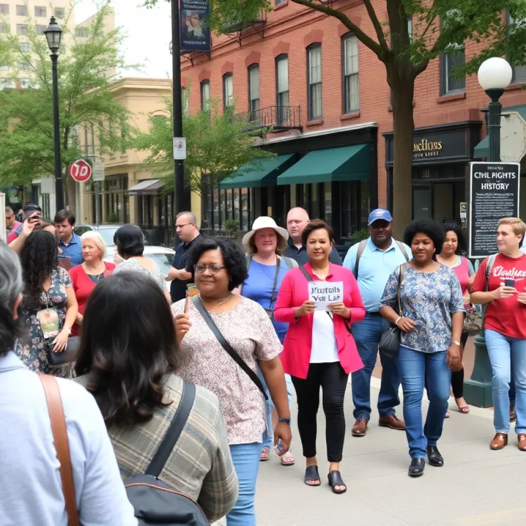 Participants of the Black History Month walking tour engage with historical landmarks.