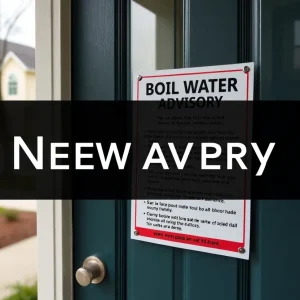 A notice informing residents about a boil water advisory on a door.