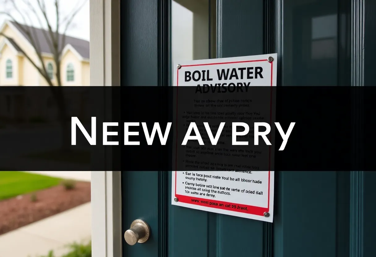 A notice informing residents about a boil water advisory on a door.