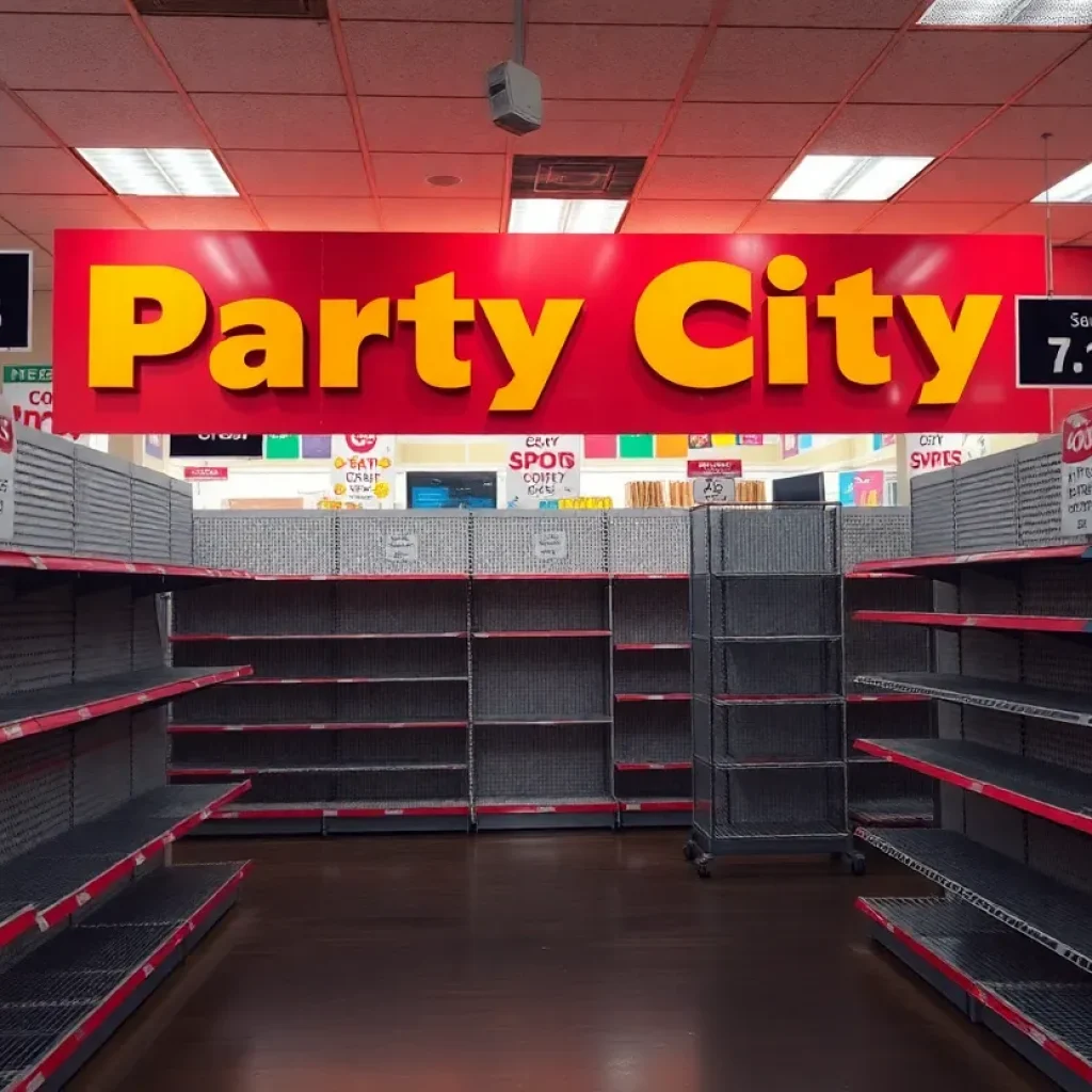 Exterior view of a closed Party City store with a 'Closed' sign prominently displayed.