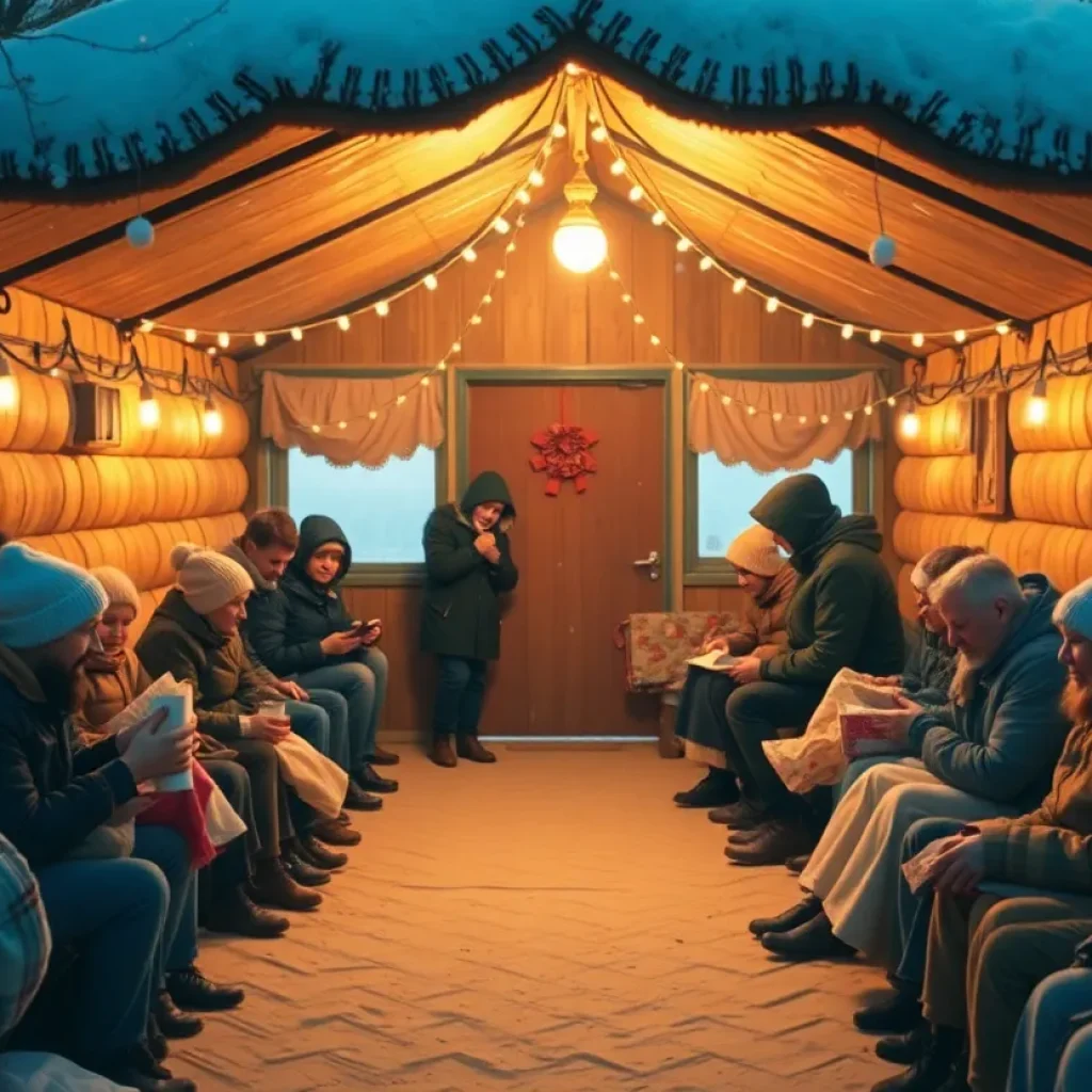 Community members receiving warmth at a cold weather shelter