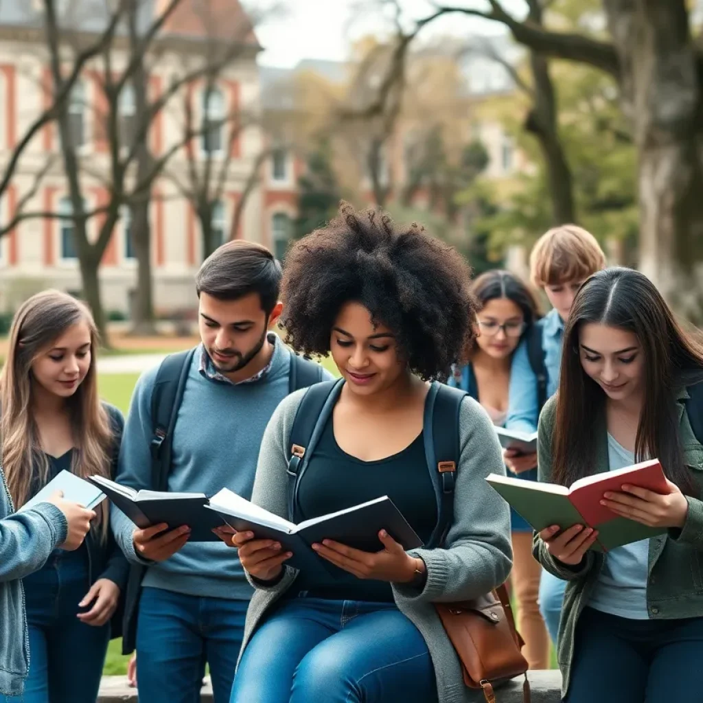 A group of diverse college students studying together on a university campus.