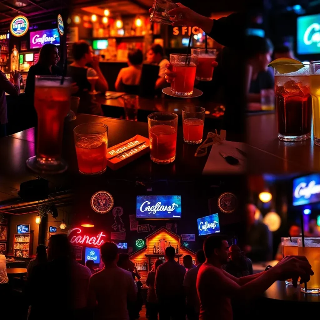 A collage representing Columbia's bar scene with different bars and drinks.