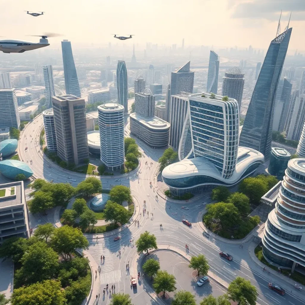 A futuristic interpretation of Columbia with flying vehicles and green technology.