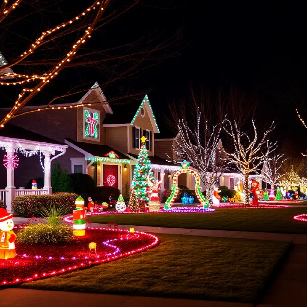 A decorated house in Columbia with holiday lights and ornaments.