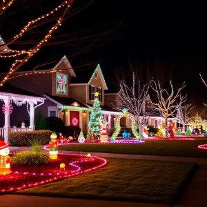 A decorated house in Columbia with holiday lights and ornaments.