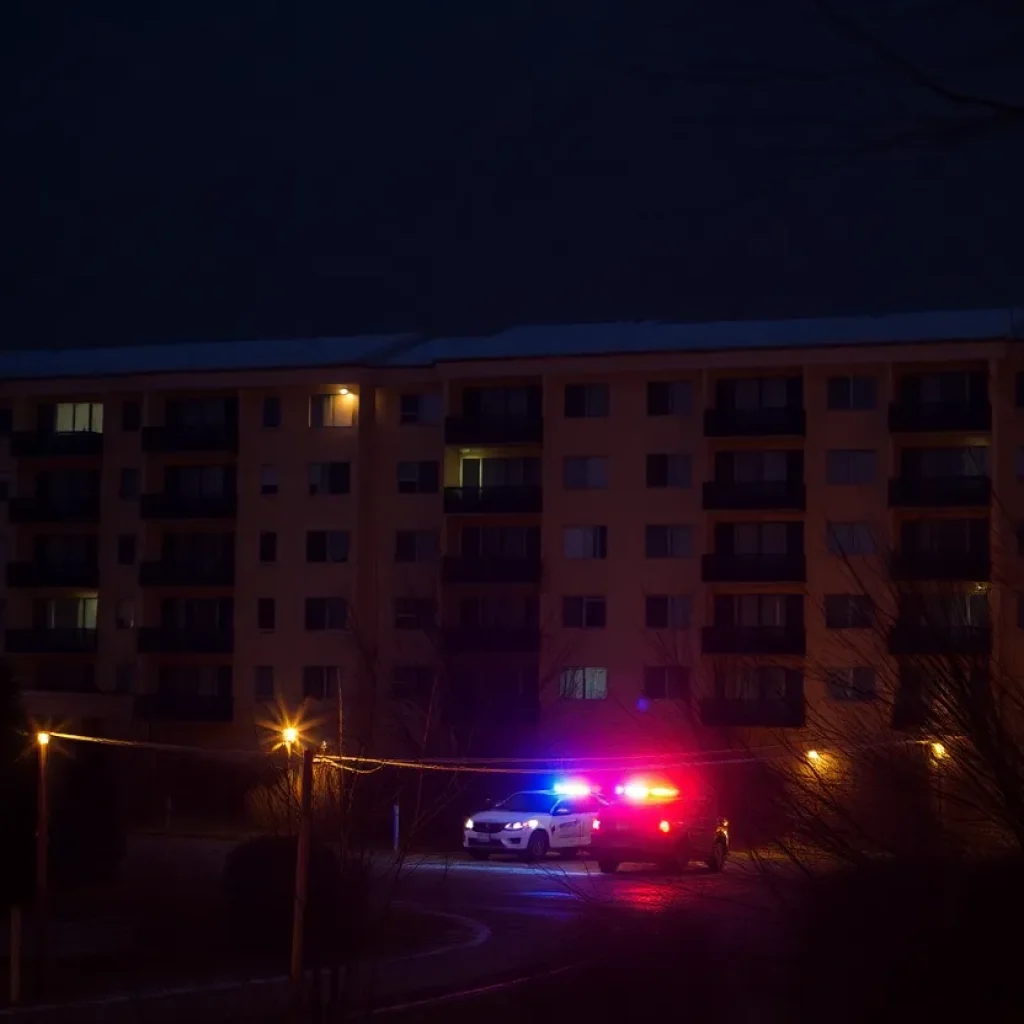 Night scene of Riverside Apartments in Columbia, S.C. with police presence.