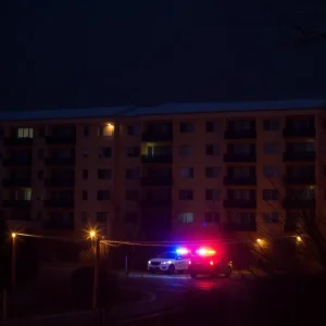 Night scene of Riverside Apartments in Columbia, S.C. with police presence.