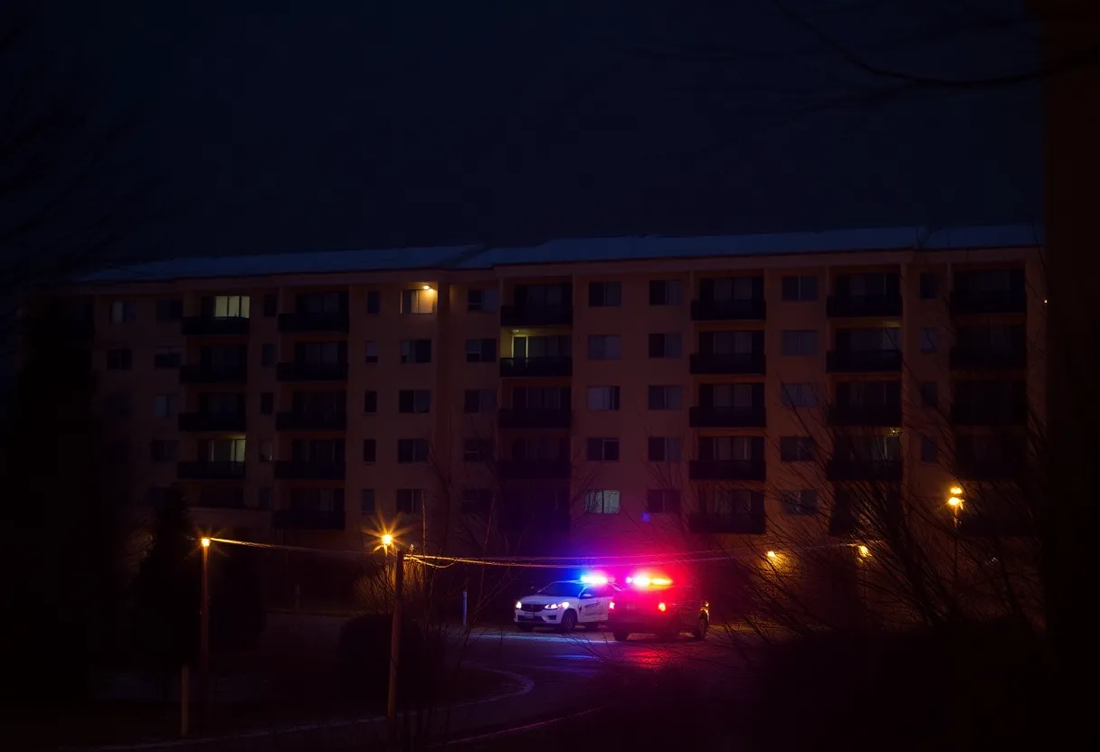 Night scene of Riverside Apartments in Columbia, S.C. with police presence.