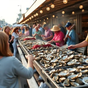 People enjoying freshly steamed oysters at the Columbia Oyster Roast event