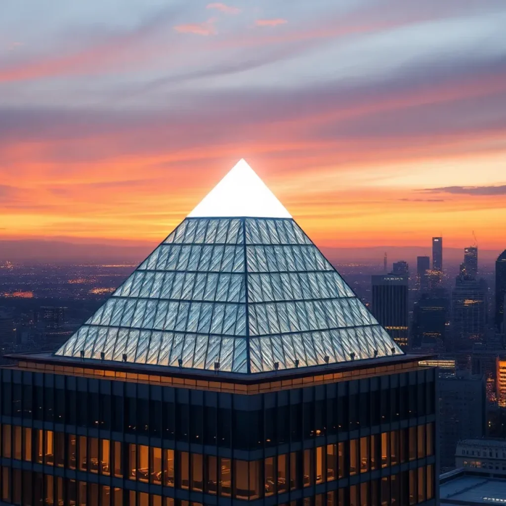 Conceptual rendering of an illuminated pyramid on an office building in Columbia