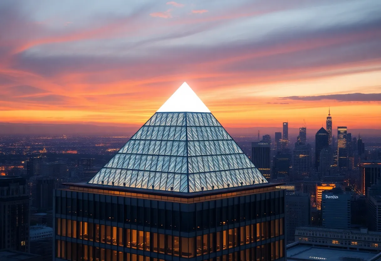 Conceptual rendering of an illuminated pyramid on an office building in Columbia