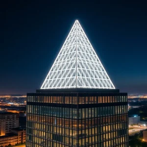 50-foot tall metal pyramid on an office building in Columbia, illuminating the night