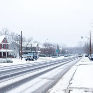 Snow-covered street in Columbia, SC during winter