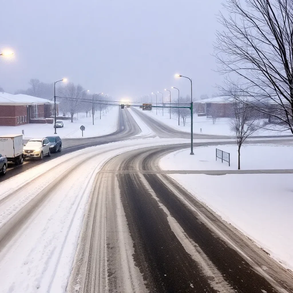 Snowy road near schools in Columbia, SC