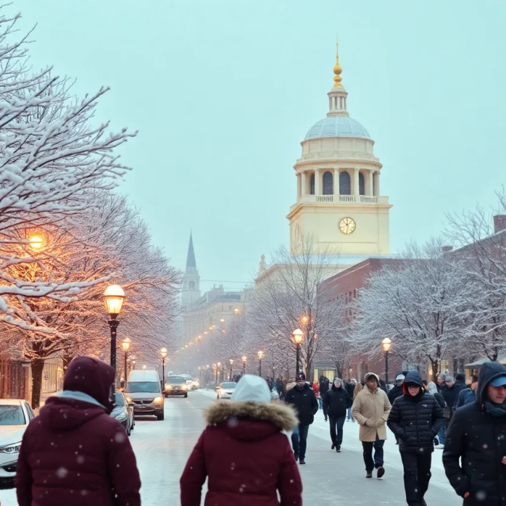 Snow-covered streets in Columbia, South Carolina during a winter storm.