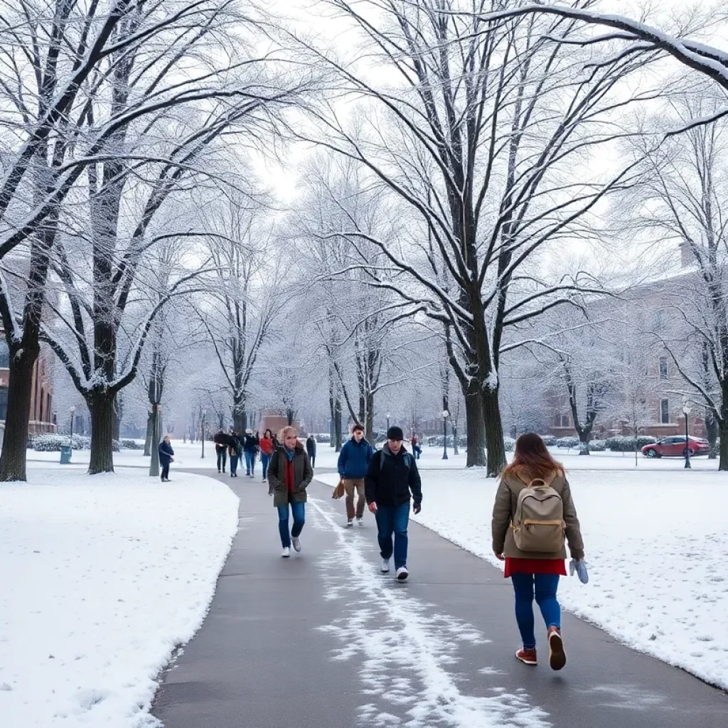 Students walking on a snow-covered campus pathway