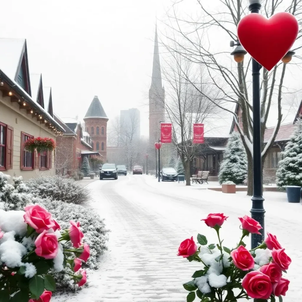 A winter landscape in Columbia with Valentine's decorations