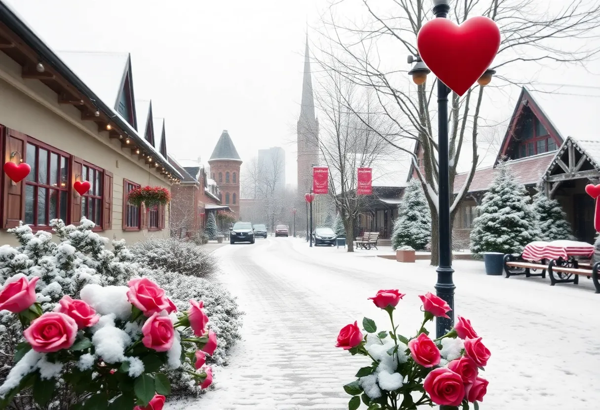 A winter landscape in Columbia with Valentine's decorations