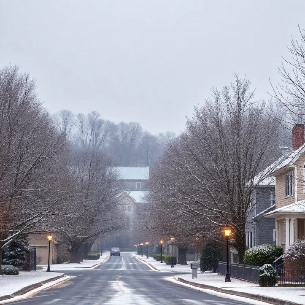 Snowy scene in Columbia, South Carolina neighborhood