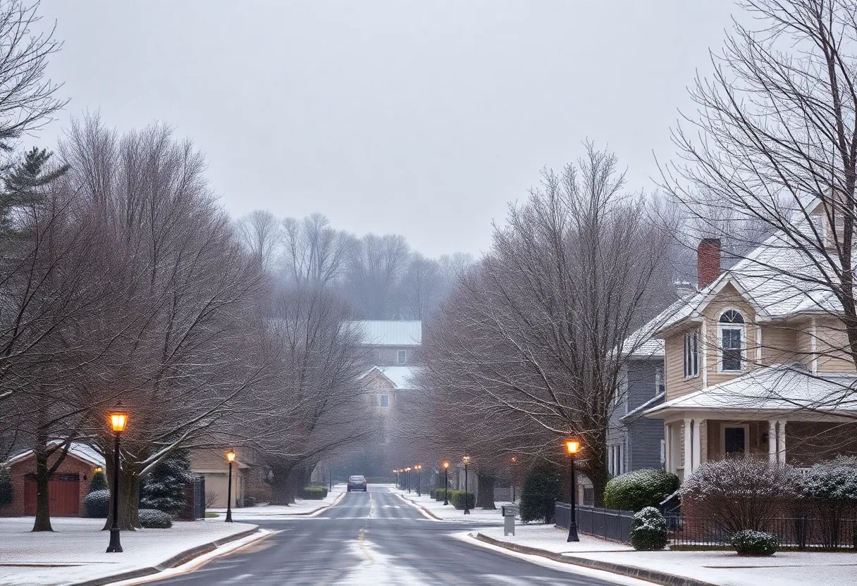 Snowy scene in Columbia, South Carolina neighborhood