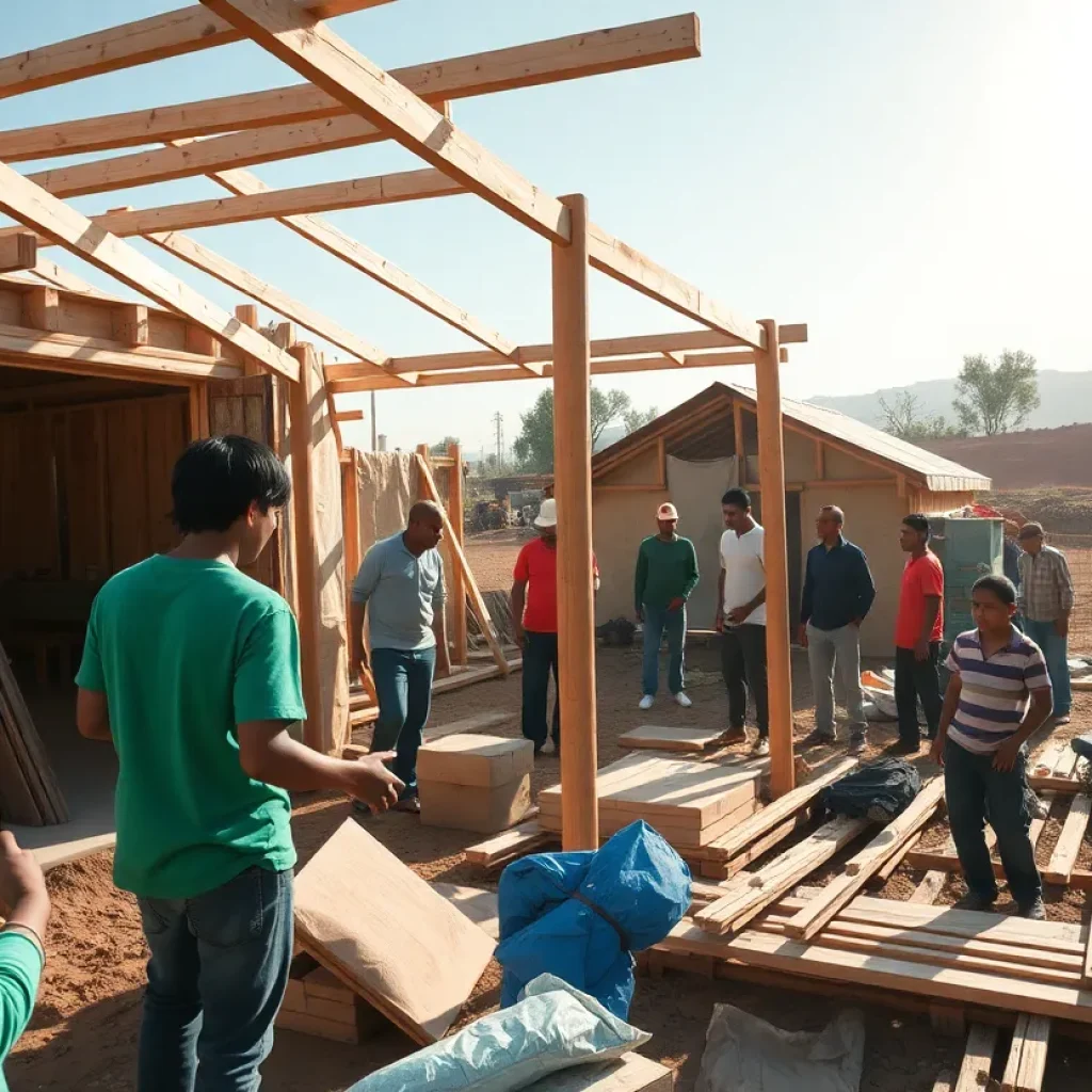 Volunteers constructing shelters for hurricane victims.