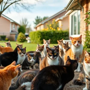 Cats in a community setting receiving care and attention from locals.